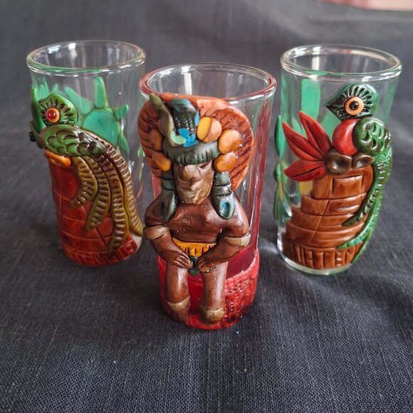 Set of Three Tequila Shot Glasses 3D Clay Resin Guatemala Aztec Warrior Bird - Picture 1 of 8